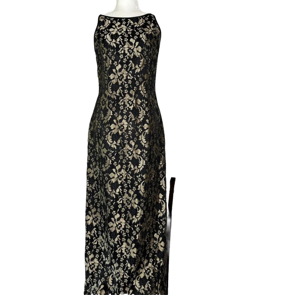 Vintage Jessica McClintock Dress 8 Black Gold Lace USA Maxi‎ Prom Whimsigoth Y2K